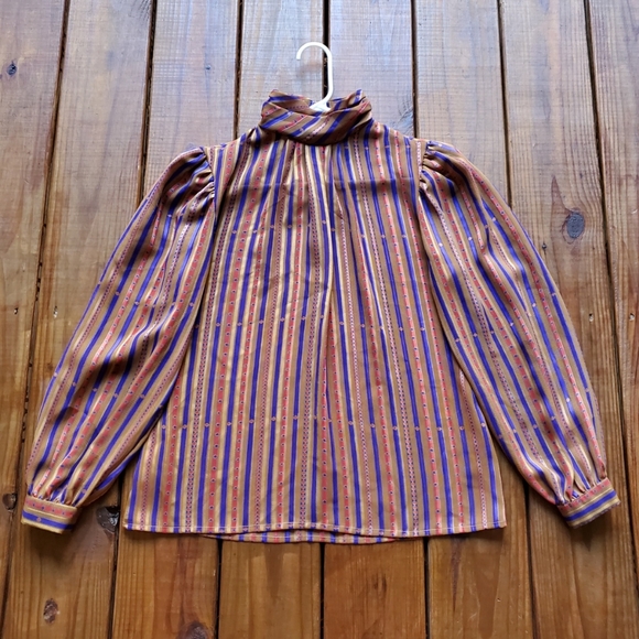 Vintage 80's M/L brown stripe long sleeve high turtle neck blouse top - Picture 1 of 5